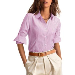 siliteelon Striped Button Down Shirts for Women Dress Shirts Long Sleeve Collared Casual Office Work Blouses Tops (Large, Pink)