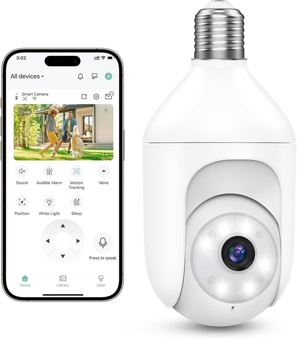 Light Bulb Security Cameras Wireless Outdoor Indoor, 2.4GHz WiFi Lightbulb Cameras for Home, 360PTZ, 2K Color Night Vision, Motion Detection, 2-Way Audio, Spotlight Audible Alarm (pack of 1)