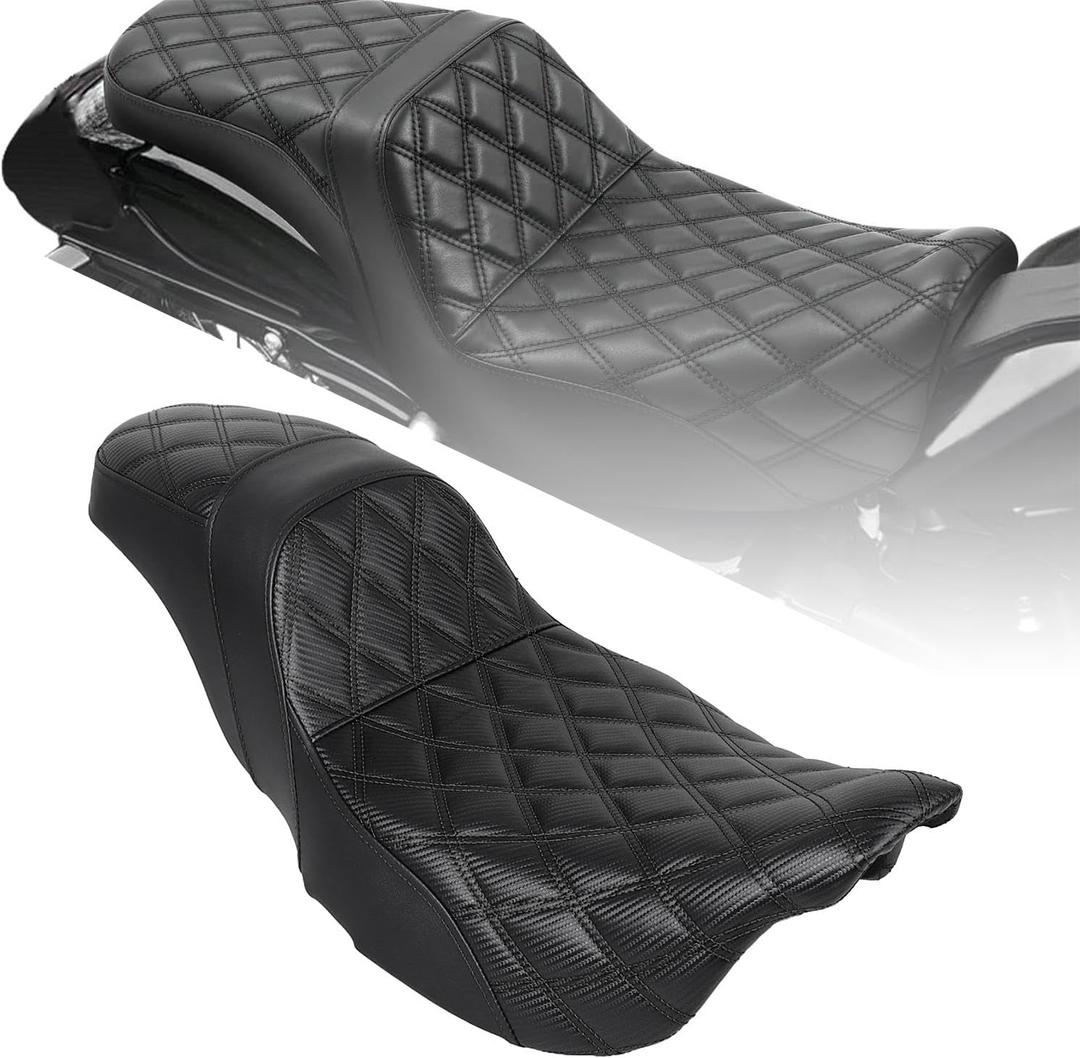 Motorcycle Step-Up Extended Seat Driver & Passenger Seat Fit for Harley Touring Electra Glide Road Glide Road King Street Glide 2009-2023, Black Stitch