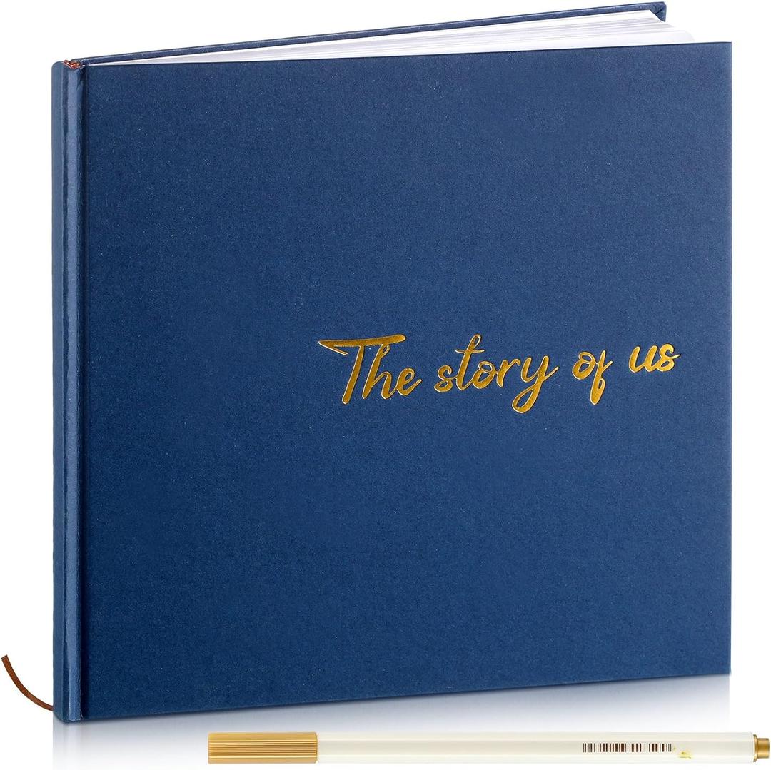 Colarr Hardcover Couples Scrapbook 144 Pages 8.7 x 8.7" Valentine Couples Photo Album Scrapbook Journal for 1 Year Wedding Memory Anniversary Photo Book Gift with 2 Markers(Navy Blue,the Story of Us)