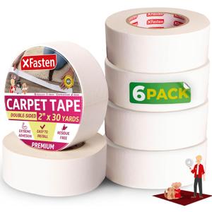 XFasten Double Sided Carpet Tape for Area Rugs, 2 Inch x 30 Yards (6-Pack)  Heavy Duty Anti Slip Rug Grip Tape, Works as Rug Gripper, Wood Safe, Easy Removal for Hardwood and Laminated Floors