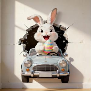 2 x Easter Bunny Wall Decal - Removable Self-Adhesive Driving Rabbit Sticker, 30 * 40 cm Fun Easter Egg Home Decor for Living Room, Bedroom, Kitchen, Party