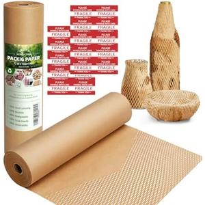 Honeycomb Packing Paper,12" W x 100' L Packing Paper for Moving,Products & Gifts Honeycomb Wrapping Paper,Recyclable and Biodegradable Cushioning Packing Material with 10 Fragile Sticker Labels