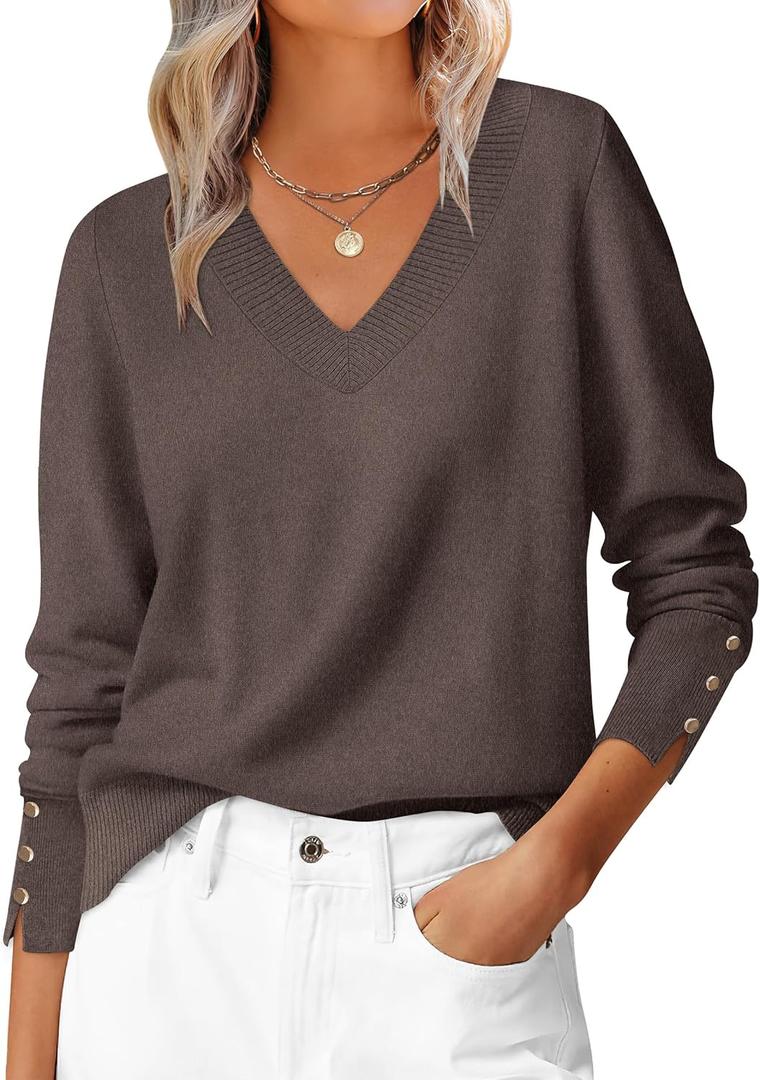 ANRABESS Sweaters for Women Long Sleeve V Neck Shirts Business Casual Work Blouses 2025 Fall Loose Knit Pullover Sweater Tops (Medium, Taupe)
