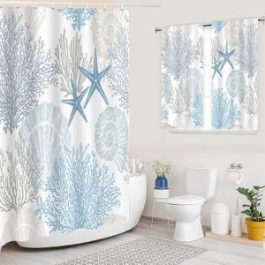 YISURE Seashell Matching Shower and Window Curtains for Bathroom, 2 Piece Shower Curtain Set 72x72 with 30x36 inches, Beach Theme Window Shower Curtain Water-Repellent Fabric Bath Decor