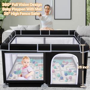 71"x59" Large Playpen with Mat, Playpen for Babies and Toddlers, Baby Playards with Zipper Gate, Safe and Non-Slip Baby Fence, Full Mesh Design, Indoor & Outdoor Kids Activity Center - Black