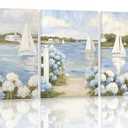3Pcs Blue Seaside Hydrangea Canvas Wall Art Coastal Sailboat Pictuer Wall Summer Seaside Garden Prints Vintage Hydrangea Poster Seascape Landscape Pictures Painting For Beach House Living Room Bedroom 16x24in(Stretched Canvas On A Wooden Frame)