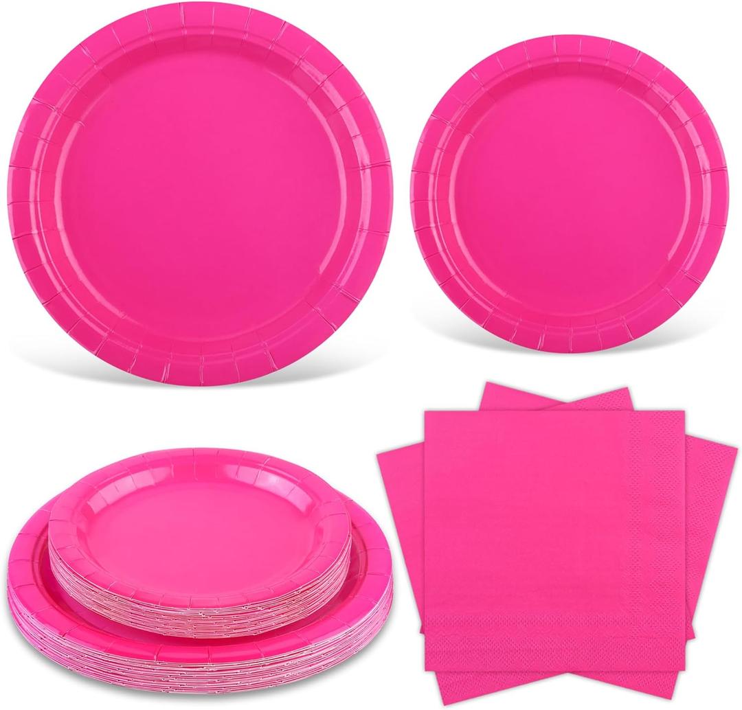 Ruisita 48 Pieces Hot Pink Party Supplies Solid Hot Pink Tableware Including 7 Inch and 9 Inch Paper Dinner Plates 2 Ply Napkins for Wedding, Birthday Party, Picnic, Barbecue (Serves 16)