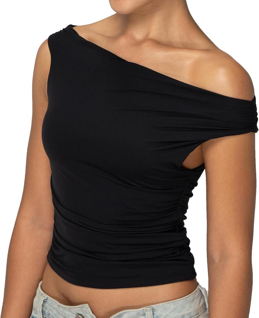 Off Shoulder Tops for Women Spring Going Out Crop Tank Tops Sexy Sleeveless Shirts (Black)