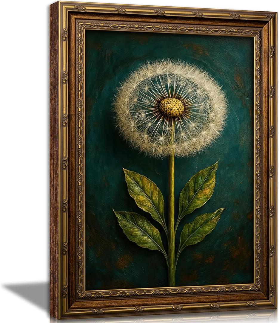 Vintage Gold Framed Dandelion Canvas Wall Art, Teal Background Botanical Oil Painting Print, Retro Moody Botanical Picture Poster， Country Farmhouse Wall Decor，for Home Living Room Bedroom，9x11in