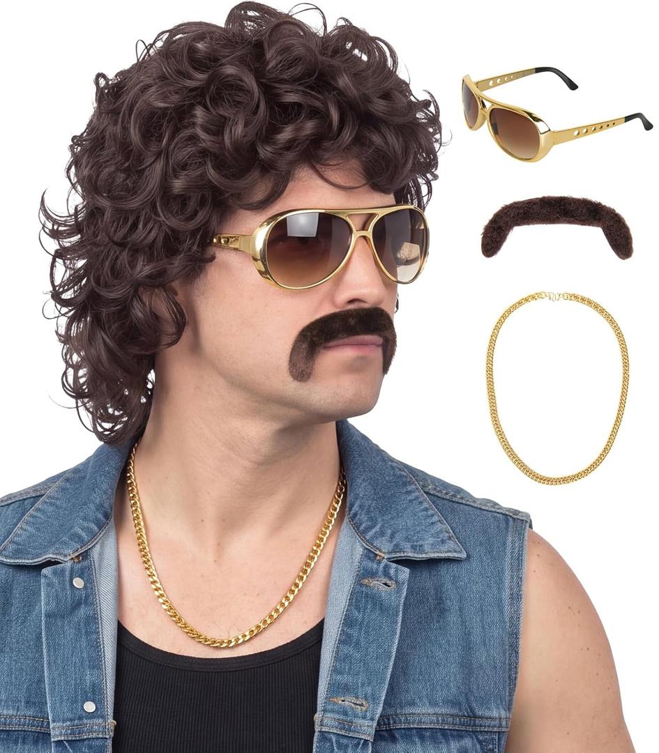 70s Wigs for Men Disco Wig for Halloween Party Short Brown Feathered Hair with Glasses Gold Necklace Mustache