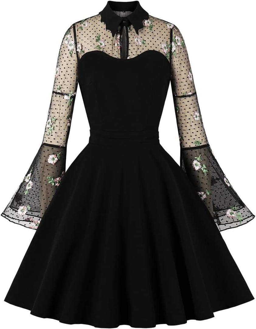 Women's Vintage Polka Dot 1950s Audrey Retro Rockabilly Prom Dress 50's 60's A-Line Cocktail Party Swing Dress (Black, L)