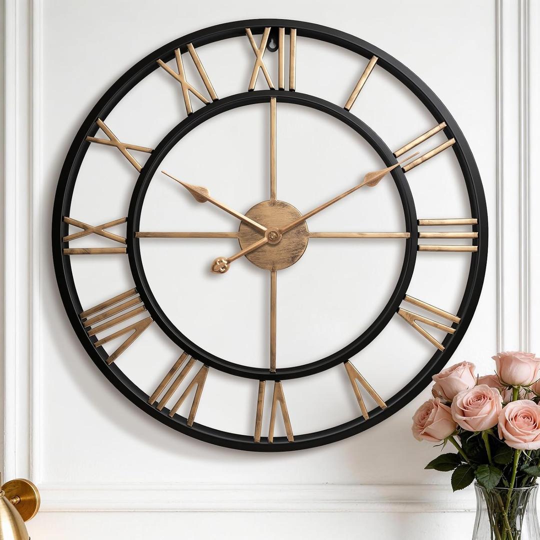 Pytha Sight 24 Inch Large Wall Clocks for Living Room, Farmhouse Roman Numeral Metal Wall Clock, Silent Non-Ticking Oversized Decorative Wall Clock for Fireplace, Dining Room, Office Decor