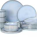 E-far 12-Piece Plates and Bowls Sets, Stoneware Dinnerware Dishes Sets for 4, Kitchen Modern Dining Dishware, Chip & Scratch Resistant, Microwave & Dishwasher Safe, Dusty Blue