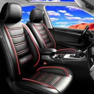 Fit RAV4 Car Seat Covers for Select Toyota RAV 4 2013-2026 /RAV4 Hybrid - Premium Full Coverage Leather, Waterproof & All Weather Seat Cushion Protector, Full Set, Black with Red Trim