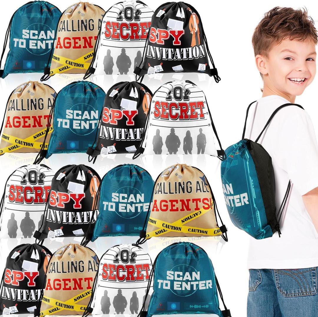 Amylove 16 Pcs Detective Theme Birthday Gift Bags Room Party Favors Drawstring Snack Candy Storage 9 x 12 Inches
