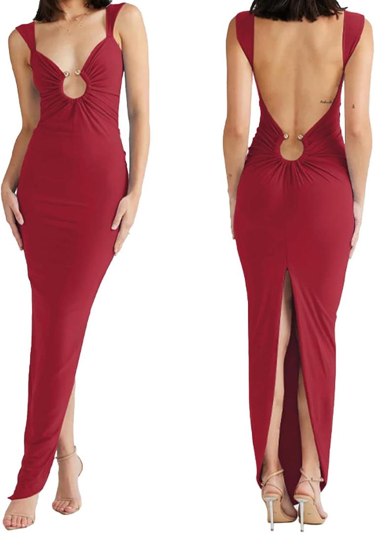 Women Sexy Backless Dress V Neck Sleeveless Open Back Split Maxi Dress Party Cocktail (Large, Red)