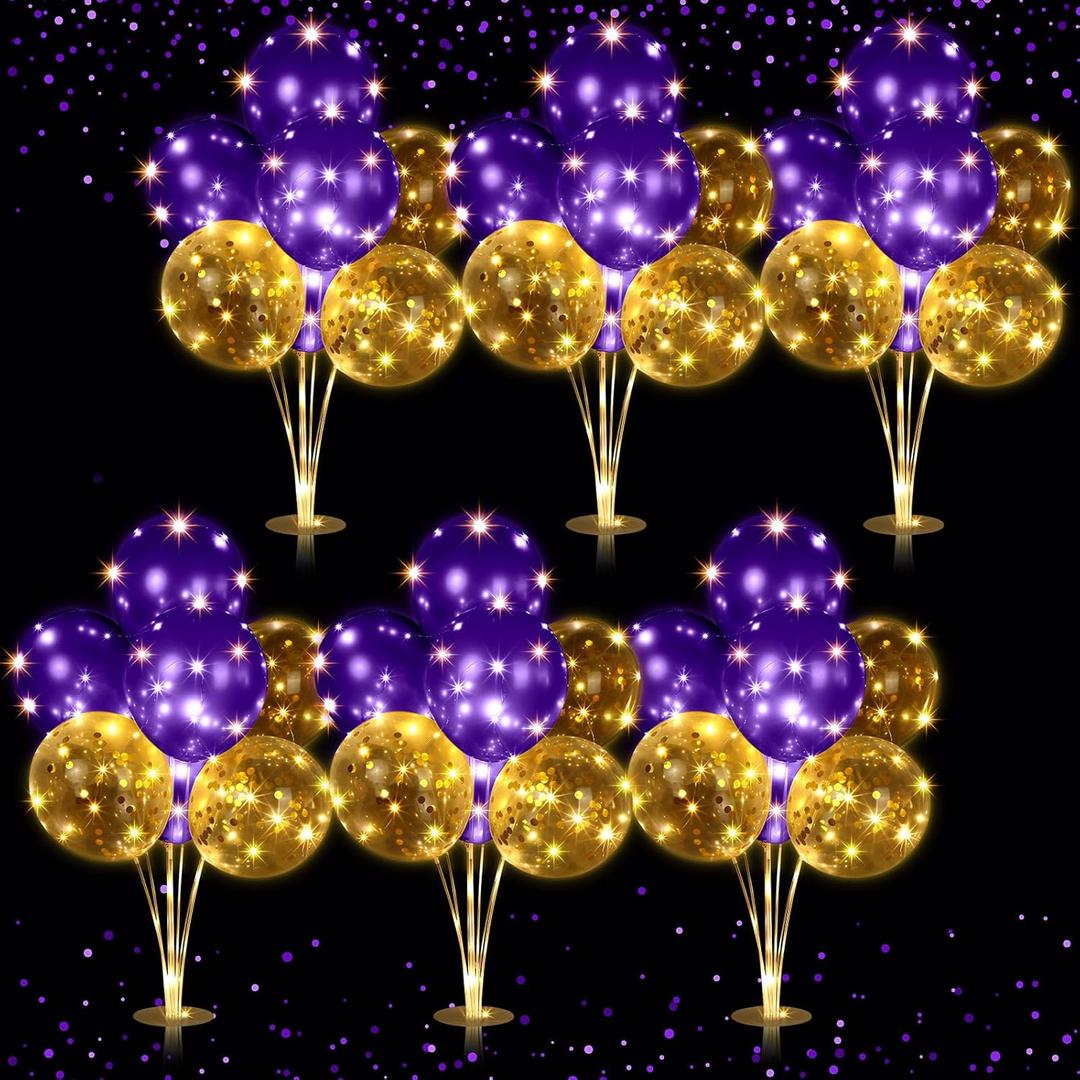 Junkin 6 Set Balloons Centerpieces for Table with LED String Light 60 Pcs Balloons Light up Table Balloon Stand Centerpieces for Graduation Birthday Baby Shower Wedding Bridal Shower(Purple)