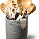 AISBUGUR Large Ceramic Utensil Holder 7.5" H6.3" W with Slanted Mouth - Utensil Crock with Non-Slip Cork Base for Kitchen Counter, Ideal for Decor & Gift,Grey