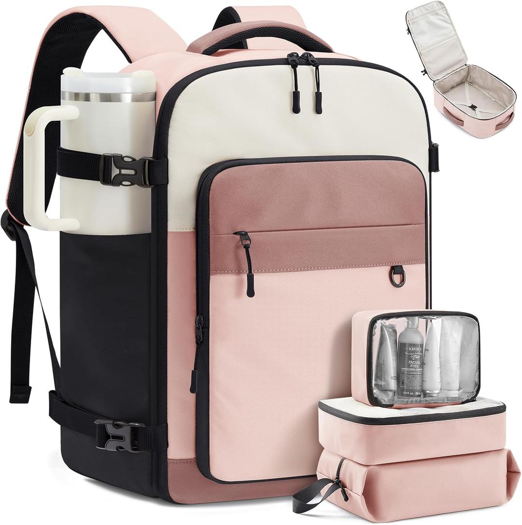 LOVEVOOK Travel Backpack for Women & Men, 40L Large Airline Approved Carry on Backpack for Travel, TSA Personal Item Travel Bag with 3 Packing Cubes, Waterproof Travel Essentials Bag fits 17" Laptop (Pink & White)