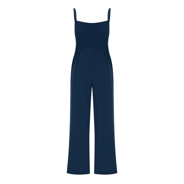 Trendy Smocked Jumpsuits Womens Casual Dressy Overalls One Piece Sleeveless Wide Leg Long Pant Rompers with Pockets (XL, Navy)