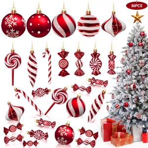 50Pcs Christmas Candy Cane Ornament Lollipop Ornaments for Christmas Tree Decorations,Red and White, 12 Style Assorted Shapes with Hanging String for Xmas New Year Holiday Festival Home Party Decor (80mm/3.14")