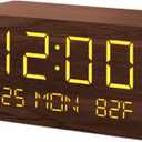 Digital Alarm Clock, with Wooden Electronic LED Time Display, 3 Alarm Settings, 10W Wireless charging, Day of the week, Temperature Detect, Wood Made Digital Clocks for Office, Bedroom, Bedside, Brown