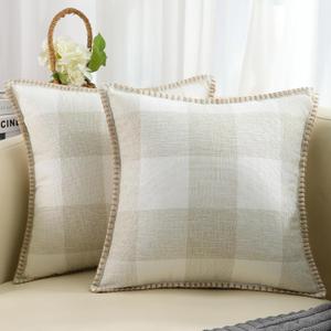 decorUhome Buffalo Plaid Check Spring Throw Pillow Covers 18x18 Set of 2, Outdoor Decorative Farmhouse Pillow Covers with Stitched Edge for Bed Couch Sofa, Cream White and Beige (18" x 18" (Pack of 2))
