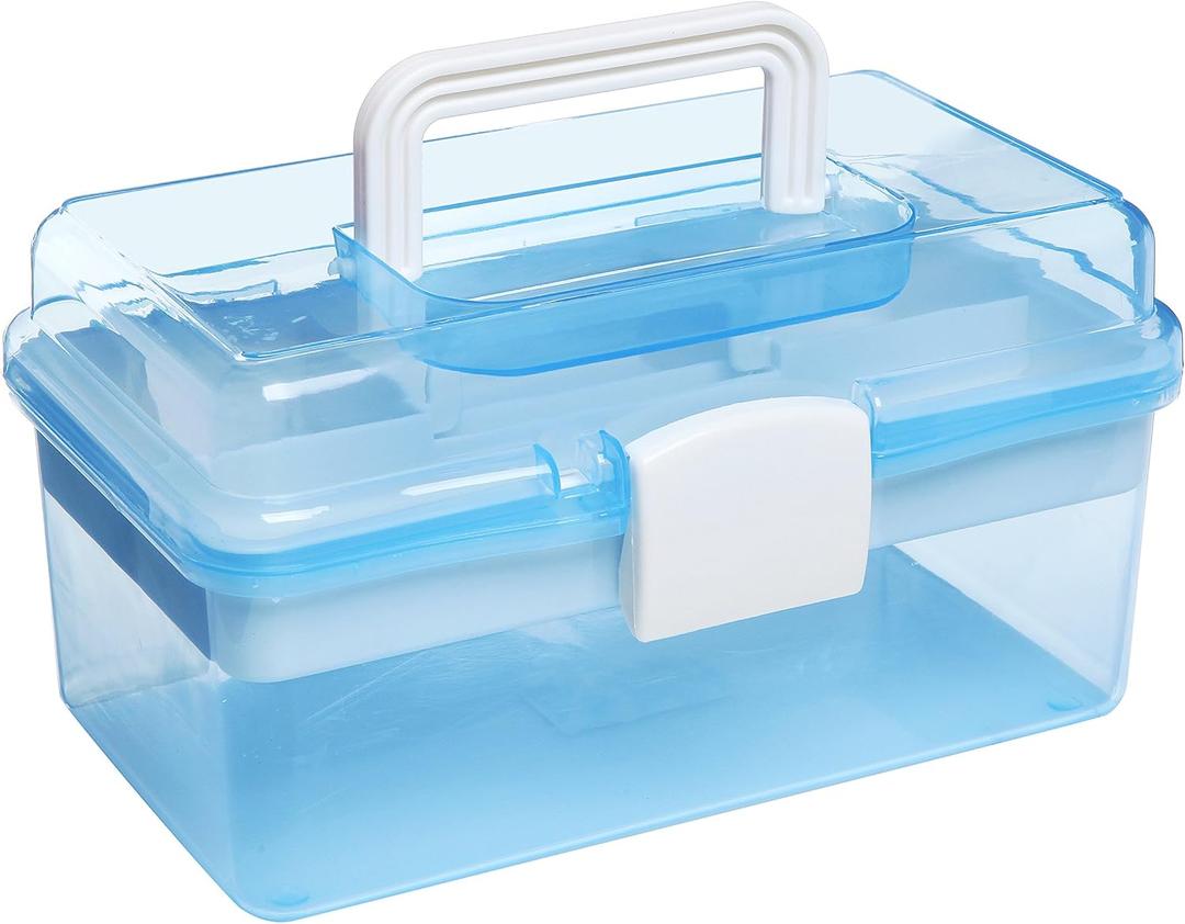 MyGift 10 Inch Plastic Storage Box with Removable Tray, Blue Craft Organizer and Art Storage Box, Multipurpose Storage Container for Tools, Playdoh, Bead, Sewing, Medicine, Tackle, Art Supply