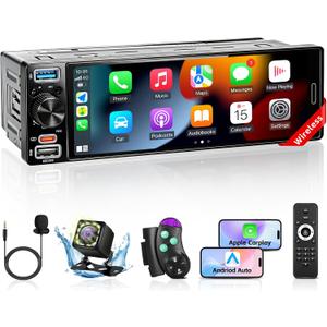 Single Din Car Stereo with Wireless Apple Carplay & Android Auto, 6.5" Full Laminated HD Touchscreen Car Radio with Bluetooth 1080P Backup Cam Navigation Mirror Link AM/FM USB & Type-C Charging EQ SWC