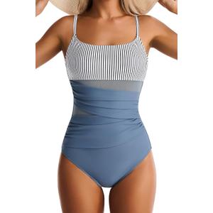 One Piece Swimsuit for Women Tummy Control Mesh Bathing Suits Sexy Push Up Swimsuits Slimming Square Neck Swimwear, M