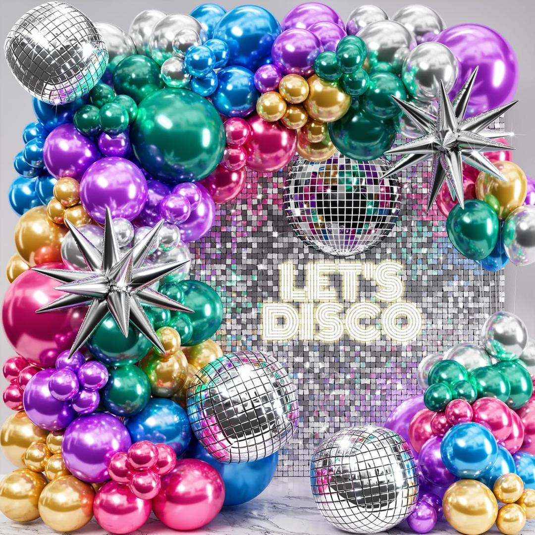 ALL-IN-1 Disco Balloon Arch Kit with BONUS Disco Balls & Starbursts - Metallic Balloon Arch Kit for 90s Themed Party Decorations - Chrome Balloons, Metallic Balloons for Prom, Karaoke Party Decoration
