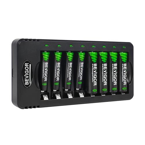 BEVIGOR Rechargeable AA and AAA Batteries with 8 Bay Smart Charger, 4 Pack AA 2800mAh & 4 Pack AAA 1100mAh Low self Discharge NiMH Battery