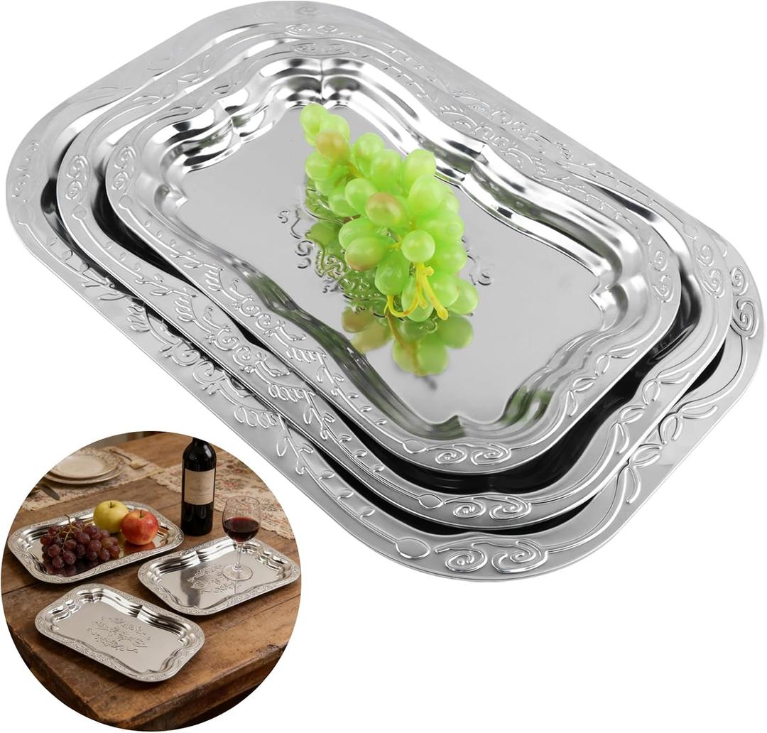 3Pack Silver Serving Trays Set,Vintage Floral Engraved Mirror Decorative Tray,Silver Platter Tray for Whiskey, Cookies, Charcuterie, Snacks, Desserts, Fruit, Party Food Display