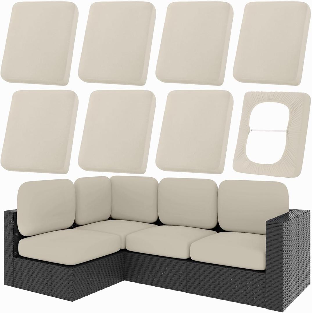 hyha 8Pcs Patio Cushion Covers, Stretch Outdoor Couch Cushion Covers Replacement, Washable Outdoor Chair/Sofa Slipcovers for Patio Furniture Cushions Protector with Elastic Bottom(Taupe,Cover Only) 27"D x 8"W x 27"H