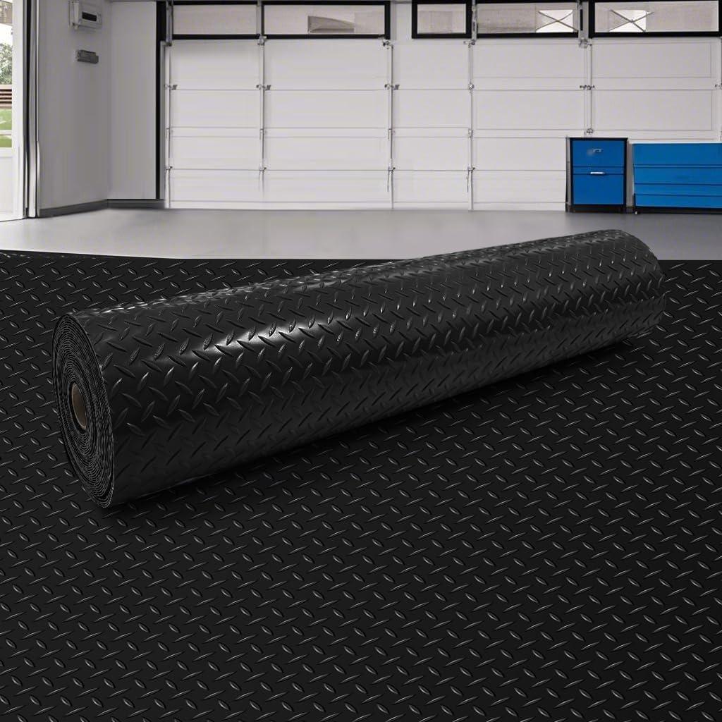 8x21 FT Garage Floor Mat, 2.8mm Thickened Diamond Plate PVC Rubber Heavy Duty Flooring Roll Covering Non-Slip Floor Protector Mat for Under Car Parking/Garage/Warehouse/Gyms/Trailer (Black)