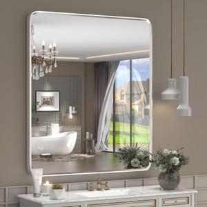 28x32 Inch Silver Framed Mirror, Silver Rounded Rectangle Bathroom Vanity Mirror for Wall, Silverish Painted, Shatterproof, Anti-Rust (Horizontal/Vertical)