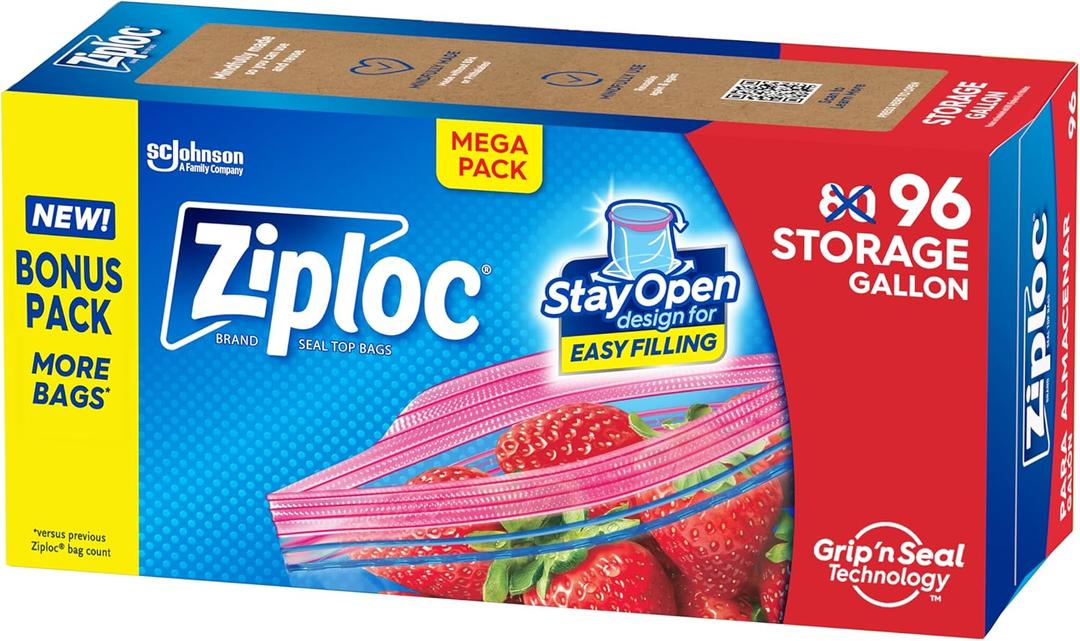 Ziploc Gallon Food Storage Bags, Stay Open Design with Stand-Up Bottom, Easy to Fill, 96 Count