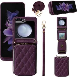 Argyle Wallet Case for Samsung Galaxy Z Flip 6 5G 2024 with Wrist Strap Shoulder Strap, 9+ Card Slots Zipper Purse, Luxury PU Leather Stand Cell Phone Cover for ZFlip6 Z6 G Flip6 6Z Deep Purple (Wine Red)
