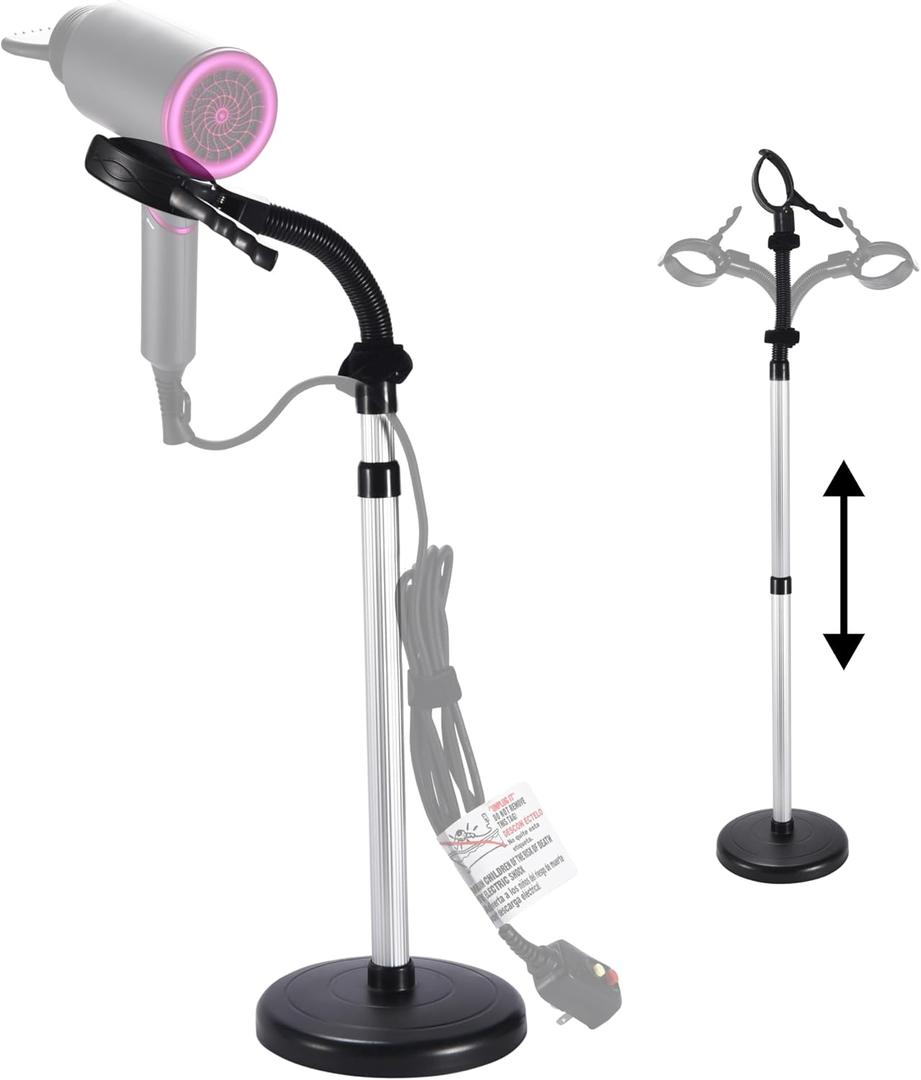 Bamodi Hair Dryer Holder Black - Hands-Free Hair Drying Metal Stand with 360 Rotation, Adjustable Height - Countertop or Wall Mount - Stylish and Convenient Storage Solution for Bathroom