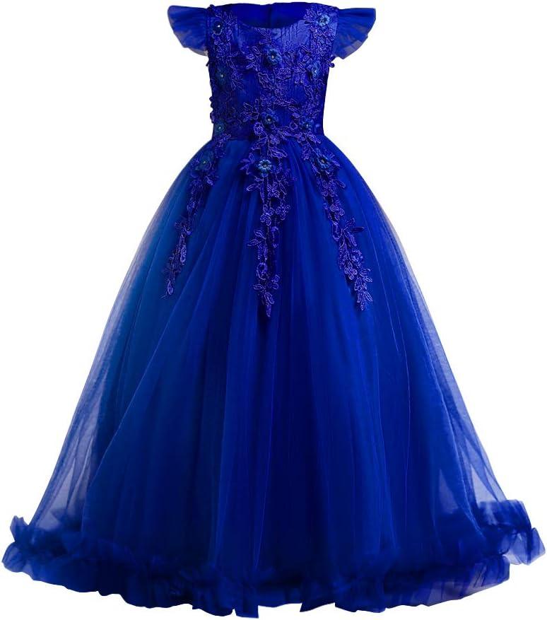 Flower Girls Maxi Dress Bridesmaid Wedding Pageant Party Princess Communion Floral Boho Vintage Lace Dance Gown (11-12 Years, Royal Blue)