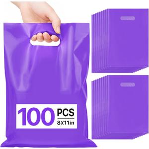 ANZNKU 100 PCS Purple Party Favor Bags 8"x11", Goodie Bag for Candy Treat Jewelry Craft, Plastic Gift Bags with Die Cut Handles for Birthday, School Events & Small Business, Wedding, Easter