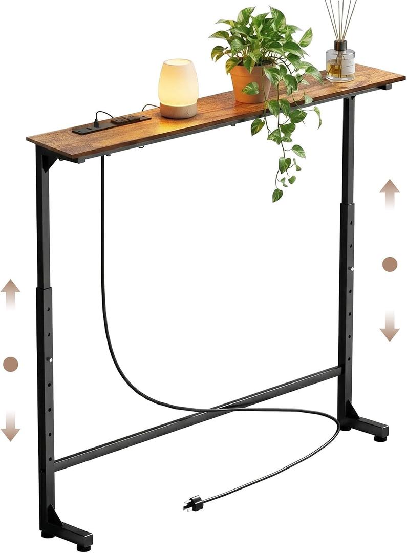 Adjustable Height Narrow Sofa Table with Built-in Power Outlets, 39" Long Console Table Behind Couch Table with Charging Station Skinny Entryway Table for Living Room & Hallway (Rustic Brown)