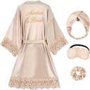 EPLAZA Bride Robe for Wedding Day Set Bridal Robe Lace Trim Silky Embroidery Satin Kimono for Bridal Party (Small-Medium, Champagne)