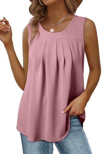 EVALESS Womens Tank Tops Summer Loose Fit Pleated Scoop Neck Camisole Tops for Women 2025 Trendy Sleeveless Flowy Blouses, 2XL