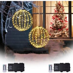 Outdoor Christmas Lights Balls, Prelit Ball Battery Operated, 16” Large Globe Christmas Decoration, 208 LED Foldable Waterproof Hanging Lighted Sphere for Home Tree Porch Yard Ground Decor-2PK