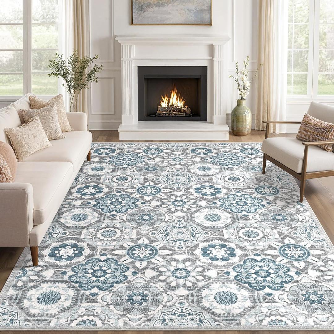Area Rug 8X10 Living Room Rugs - Large Bohemian Floral Machine Washable Low Pile Stain Resistant Rug Soft Non Slip Neutral Indoor Floor Rugs for Bedroom Kitchen Dining Room Home Office, Grey/Blue (8' x 10')