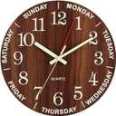 Wall Clock 10 Inch Brown Weekly Wall Clock Silent Battery Operated Luminous Hands Retirement Elderly Wooden Glow in The Dark Clock