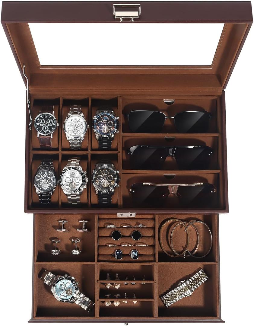 Jewelry Box for Men, 6 Slot Watch Box Jewelry Organizer With Drawer, Watch Case for Men with Large Window, 2-Layer Watch Holder, Sunglasses Storage Organizer, Velvet Lining, PU Leather, Gift Idea (Brown)