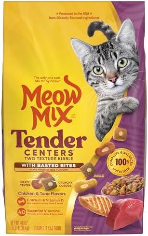 Meow Mix Tender Centers Basted Bites Chicken and Tuna Flavor, 3 Pound, Crunchy Outside Meaty Inside, 2 Pack